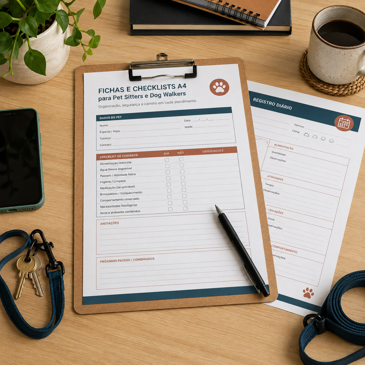 Fichas e checklists A4 organizados em uma mesa de trabalho