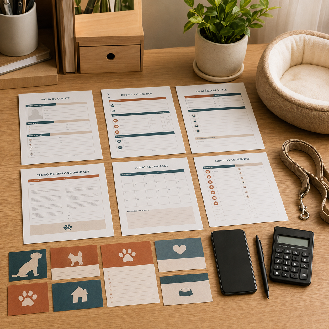 Kit completo com folhas A4, cartões e ferramentas organizados